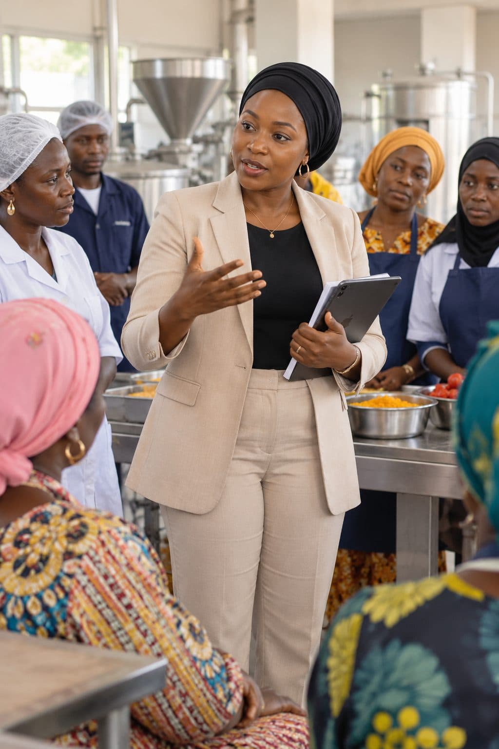 Une responsable de programme échange avec des femmes et des apprentis dans un atelier de transformation