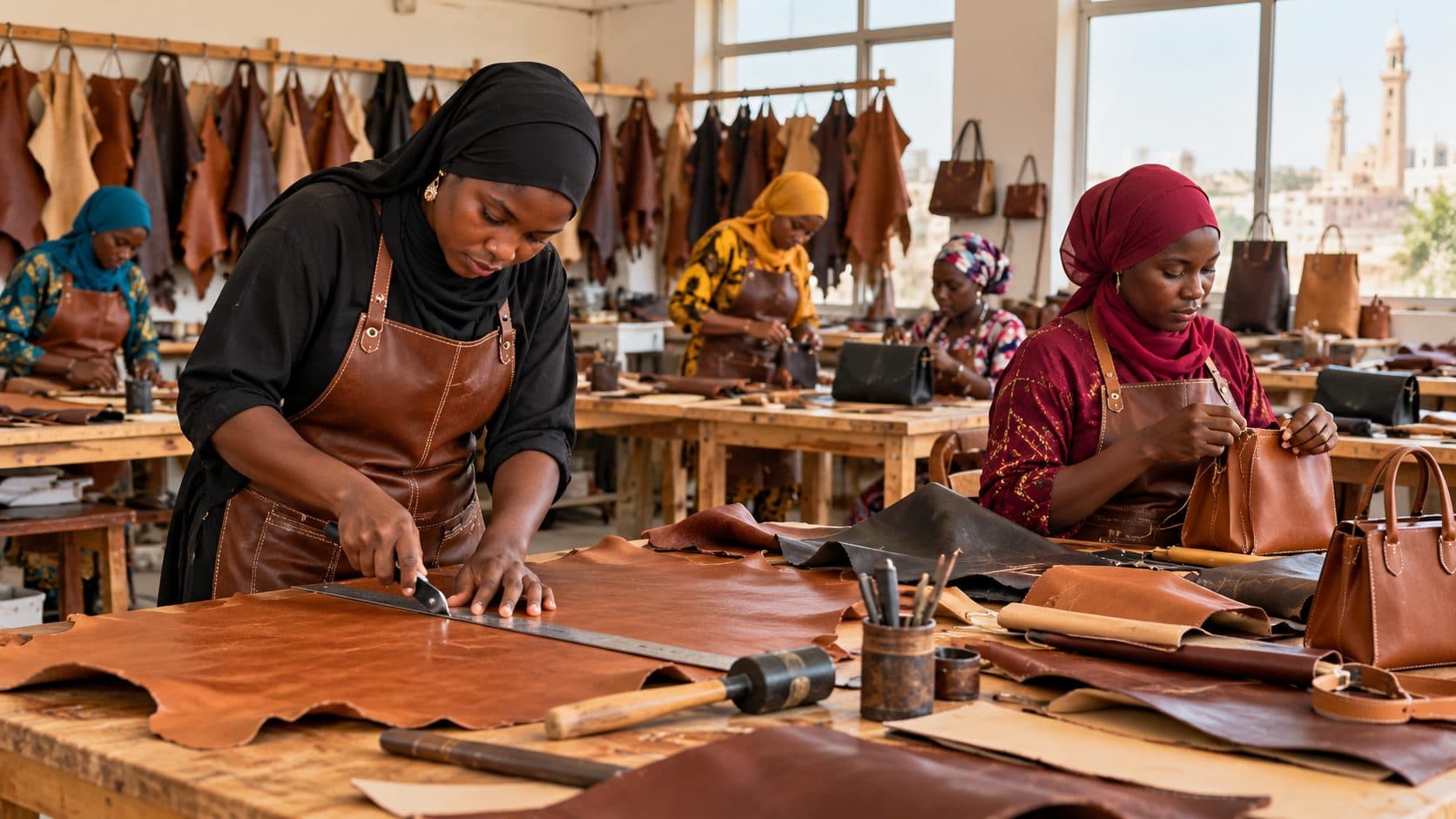 Des femmes découpent des peaux de cuir et cousent des sacs dans un atelier de maroquinerie
