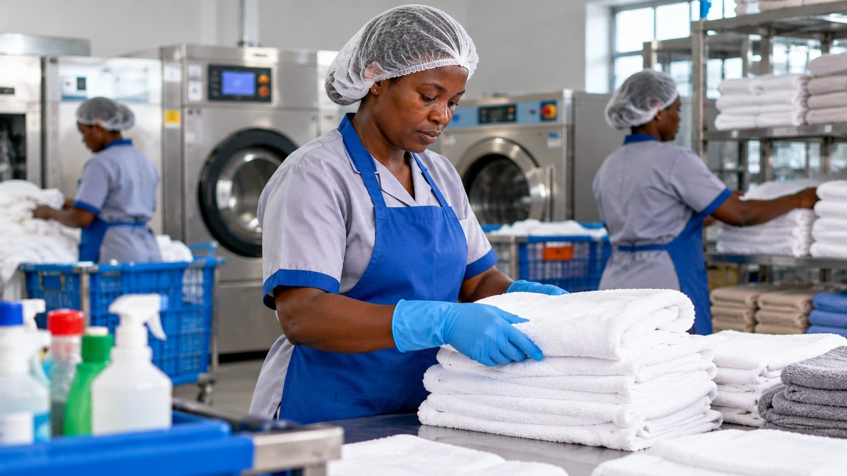 Une employée plie des serviettes blanches dans une blanchisserie