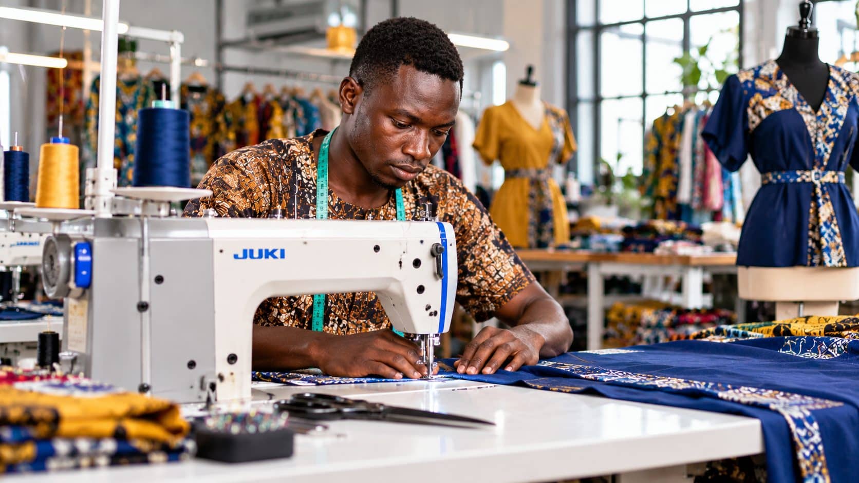 Un couturier à sa machine dans un atelier de mode aux tissus colorés