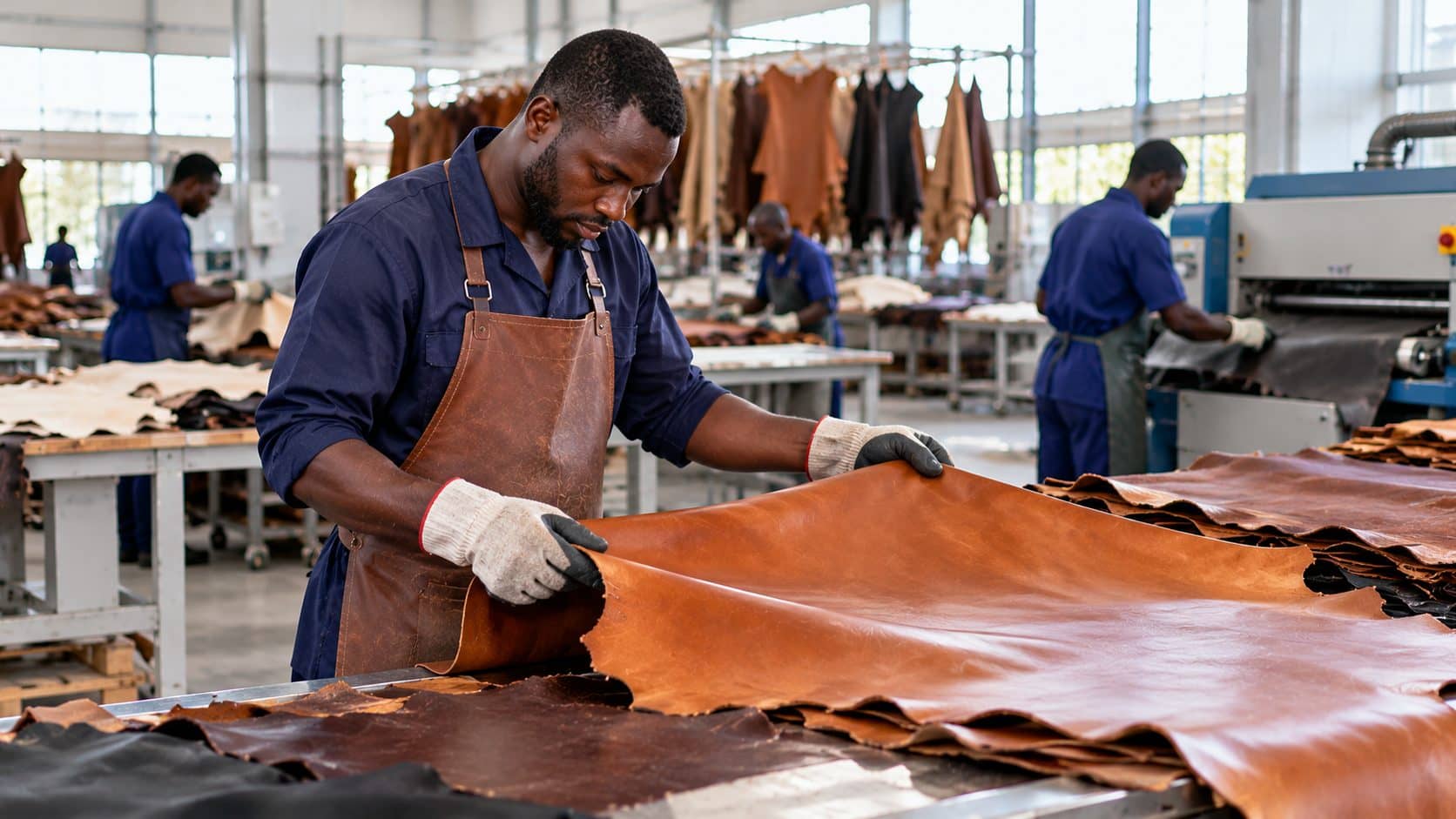Un ouvrier inspecte des peaux de cuir dans un atelier équipé de machines