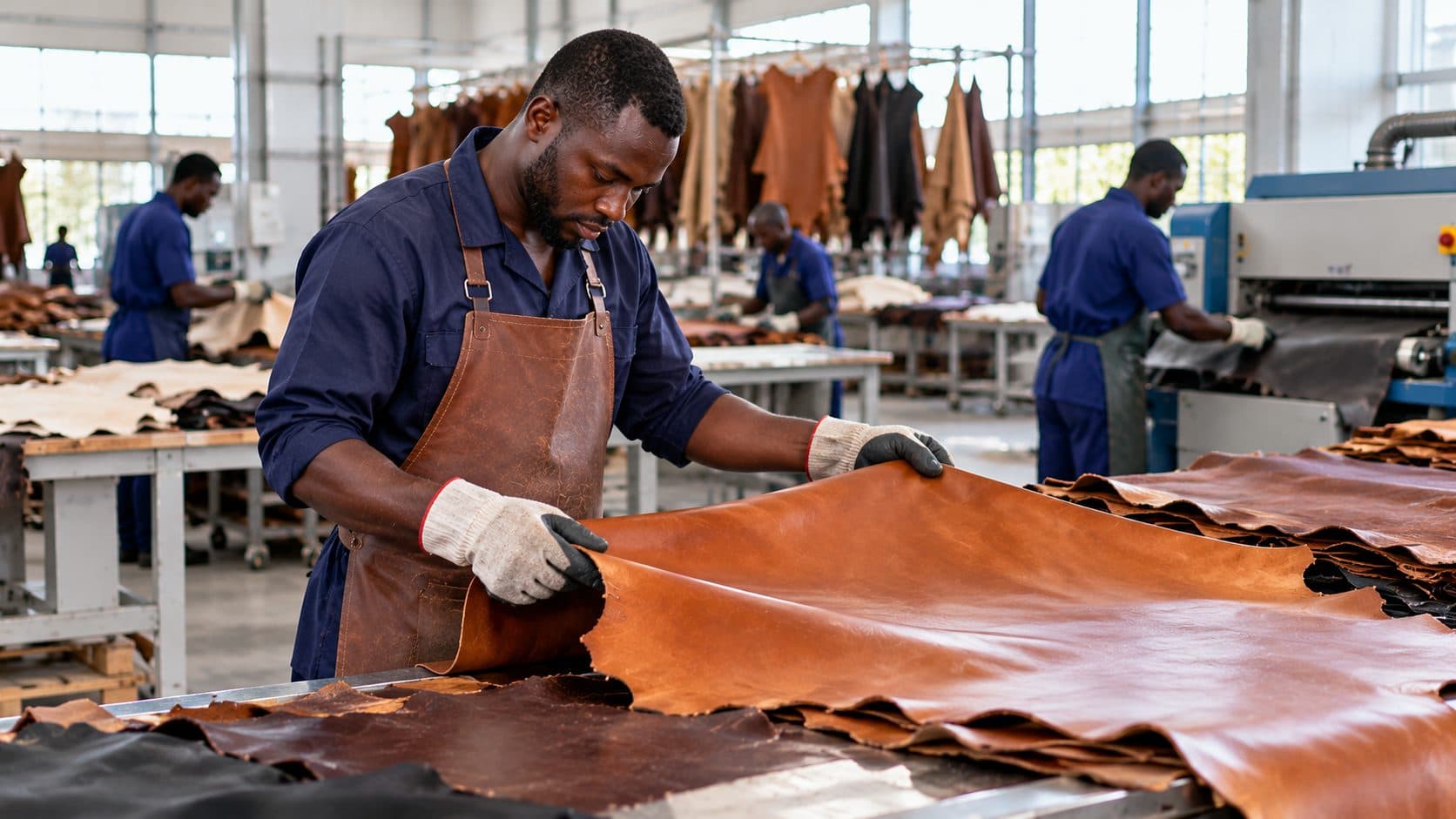 Un ouvrier inspecte des peaux de cuir dans un atelier équipé de machines