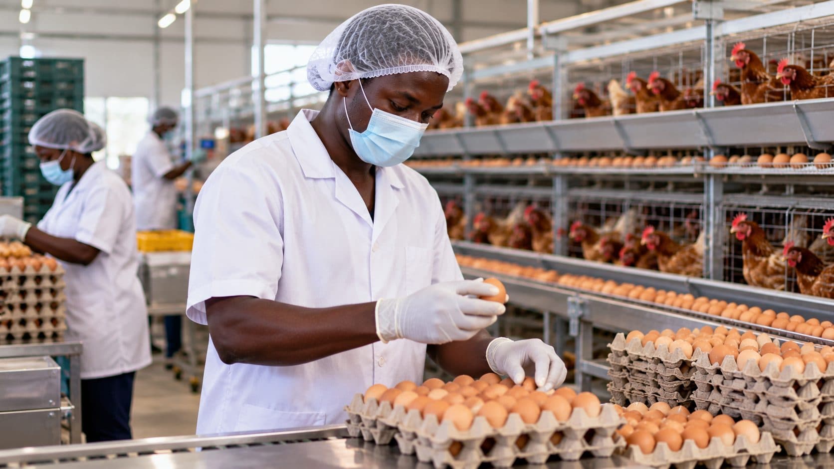 Contrôle des œufs dans une ferme avicole, devant les cages des poules