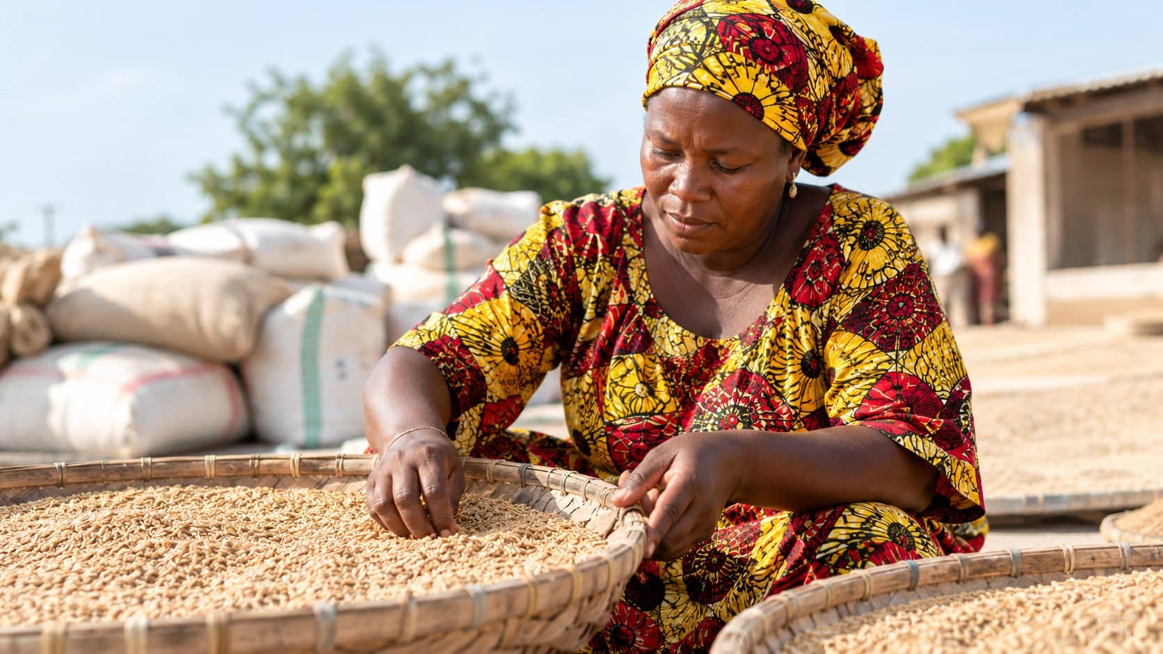 Une femme trie des grains qui sèchent dans un grand van, au village
