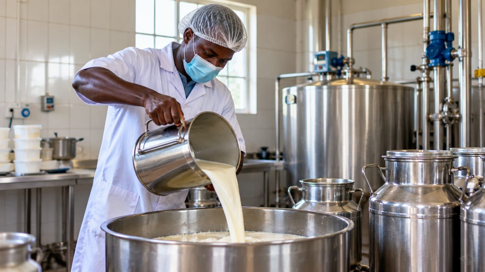 Un technicien verse du lait dans une cuve en inox, dans un atelier de transformation