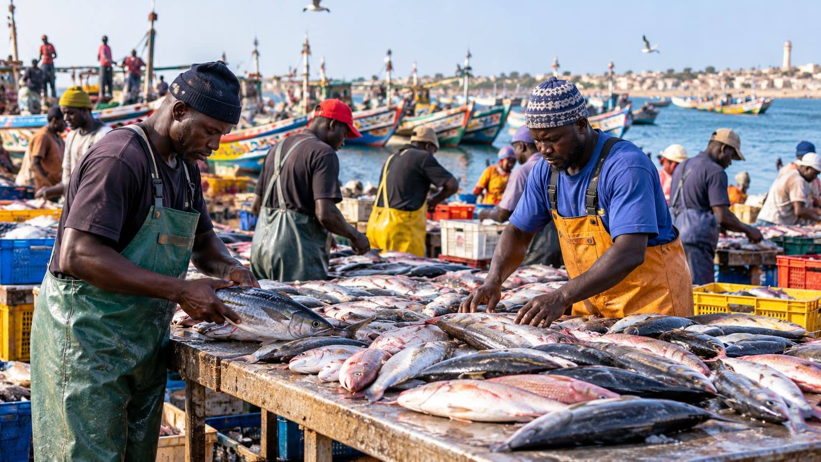 Des pêcheurs trient le poisson sur les étals du port, devant les pirogues